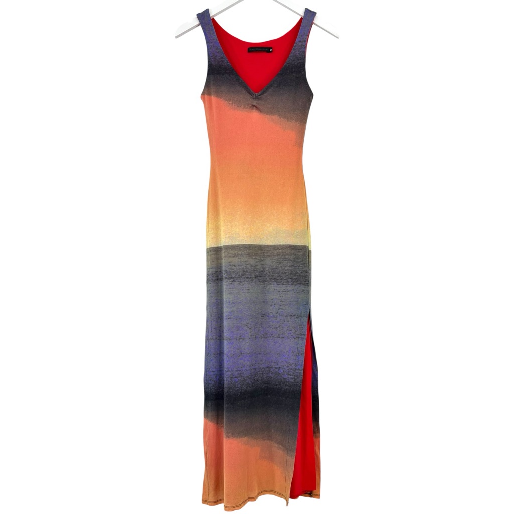 Guess Y2k Vintage Orange Sunset Print Sleeveless Side Slit Bodycon Maxi Dress
